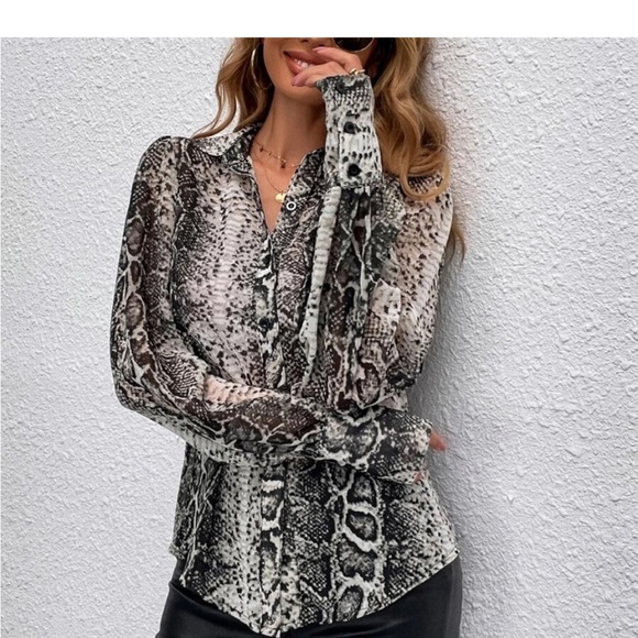 Snakeskin Print Cuffed Long Sleeve Sheer Top Blouse Button Down Shirt - Picture 6 of 12